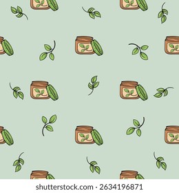 Cosmetic cream. SPA procedures. Vector seamless pattern. Bright illustration for background, print, wrapping paper. Repeating pattern on green background