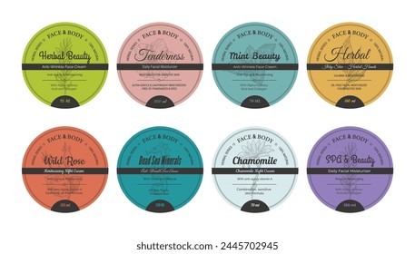 Cosmetic cream sticker, beauty product label set. Skin care badge, herbal ingredient lotion and face moisturizing collection. Healthy spa element with mint, wild rose and chamomile