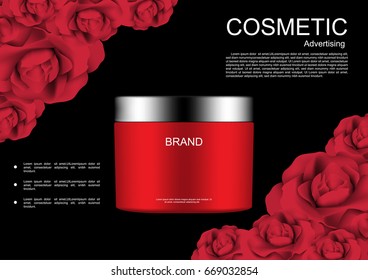 Cosmetic cream with template and rose bushes vector cosmetic ads