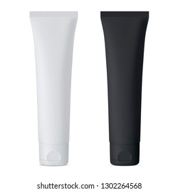 Cosmetic Cream Tube. Black and White Vector Mockup Set. Luxury Soft Packaging for Gel, Tooth Paste, Mask. Plastic Container with Cap for Skin Care Moisturizer. 3d Realistic Jar Set.