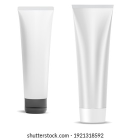 Cosmetic cream tube blank, vector plastic package isolated on white. Beauty gel container mockup with cap. Toothpaste product packaging. Realistic face creme wrapper design set, squeeze