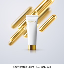 Cosmetic cream tube with golden 3d capsule shapes. Vector realistic illustration of skincare product. Cosmetics packaging mockup design. Advertising poster template