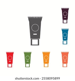 Cosmetic cream tube icons set in flat reb, blue and green color Vector