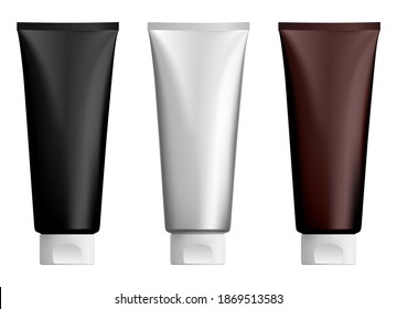 Cosmetic cream tube. Lotion plastic tubes mockup. Face of hand gel bottle template design, realistic illustration. Soft thoothpaste packaging to squeeze. BB creme or shampoo tubes