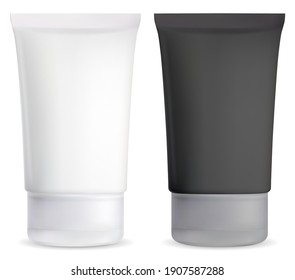 Mockup de tubo de crema cosmética. Paquete de plástico blanco y negro en blanco. Frasco de producto cosmético, gel corporal. Tubo de compresión de pomada, mascara de extractor de cabeza negra de carbón vegetal. Cuidado de la cara de pantalla solar