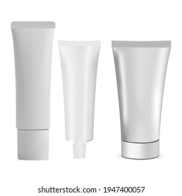 Cosmetic cream tube mockup. White plastic container for shampoo, cream, toothpaste. Dental product bottle. Lotion tube blank illustration, medical treatment tube, skin moisturizer