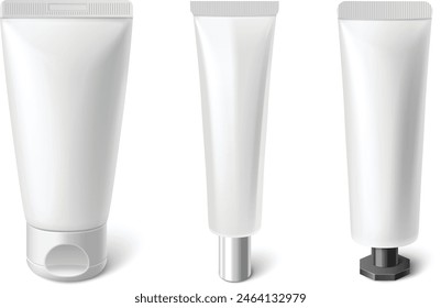 Tubo de crema cosmética de maquillaje. Botella blanca en blanco para loción o pasta de dientes con tapón de Vector aislado. Diseño de embalaje de belleza facial y cuidado de la piel. Gel, champú o paquete de ungüento médico para el acné