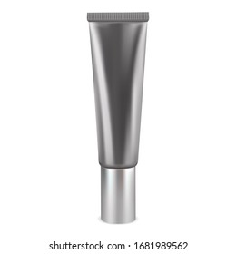 Cosmetic cream tube. Silver container blank for liquid face care gel. Plastic ointment package. Cosmetology bb foundation packaging illustration. Beauty product blank mock up