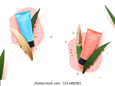 Cosmetic cream tube with tropical plants, Realistic Natural 3d leaves, dry and fresh. Cosmetics brand. Advertising banner, Sale poster. Flat view from top. Vector illustration