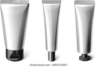 Cosmetic cream tubes set isolated on white background. Vector realistic illustration of silver plastic package for body lotion, toothpaste, shampoo, medical ointment with blank cap, branding mockup