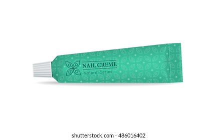 Cosmetic cream vector illustration. Flat design. Green tube of nail creme. Packing of cosmetic products. Personal hygiene and makeup. For woman beauty concepts, cosmetic brand ad. Isolated on white