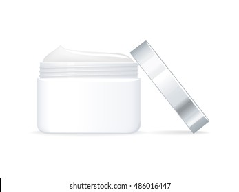 Cosmetic cream vector illustration. Flat design. Face and hands skin care. White cream jar with open cap.  Personal hygiene and makeup. For woman beauty concepts, cosmetic brand ad. Isolated on white
