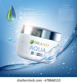 Cosmetic cream with vitamins, aqua and coenzyme. Splashes of water with drops. Packing brand design. Stock vector illustration.