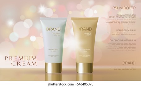 Cosmetic cream white delicate beige color background with defocused blurry light bokeh. Skin care package promotional template. Glossy golden glitter vector illustration art