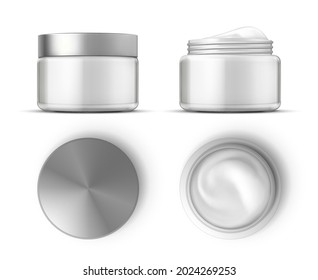 Crema cosmética en frasco blanco arriba y simulación de vistas frontales. Paquete de productos de cuidado de la piel realista. Contenedor abierto redondo con conjunto vectorial de gel de crema. Crema blanca, tarro cosmético para belleza