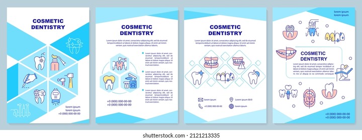 Cosmetic Dentistry Turquoise Brochure Template. Recovery Process. Leaflet Design With Linear Icons. 4 Vector Layouts For Presentation, Annual Reports. Arial-Black, Myriad Pro-Regular Fonts Used