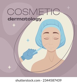 Cosmetic dermatology procedure vector illustration. Hand holding syringe, operating on face of female client to improve skin. Skincare, cosmetology, beauty correction concept