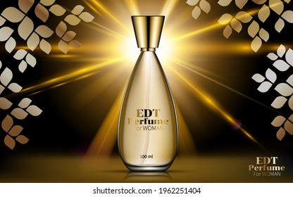 Cosmetic Design Golden Product. Realistic Gold Woman Parfume Bottle Mockup on Dazzling Background. Contained Glass Mock up. Excellent Advertising. 3D Vector Illustration.