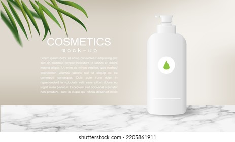 Cosmetic design template, dispenser pump plastic bottle on pastel gradient background, green palm leaves, marble table, vector illustration wit copy space