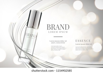 Cosmetic design template. Facial treatment essence skin care cosmetic with flowing liquid on silver glitter background. 