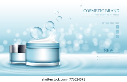 Cosmetic design template on glitter blue vector background. 