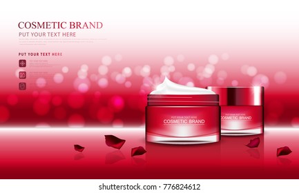 Cosmetic design template on glitter and rose vector background. 