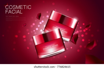Cosmetic design template on glitter and rose vector background. 