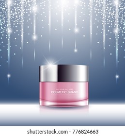 Cosmetic design template on glitter blue vector background. 