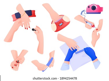 Cosmetic devices, self-care. Hands in different poses do manicures, apply nail polish, nail files. Vector illustration