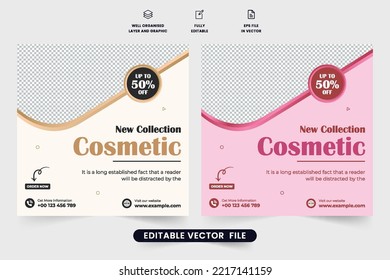 El descuento estético ofrece un vector de plantilla con colores dorados y rosas. Diseño de banner web de productos de belleza para promoción de medios sociales. Plantilla de venta de productos de cuidado de la piel para marketing.