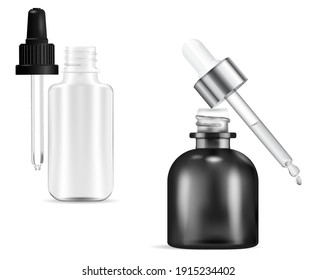 Botella de cuentagotas. Botellas de suero con gota de mofa de pipeta aisladas en blanco. Vial de aceite esencial de vidrio negro y transparente. 3 quinquies de medicina, ilustración de la flacon de colágeno líquido