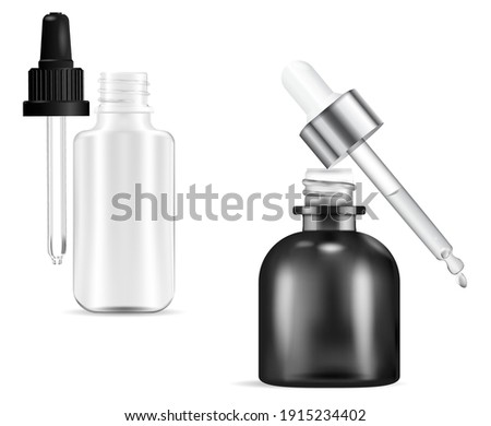 Cosmetic dropper bottle. Serum bottles with drop pipette mockup isolated on white. Essential oil vial black and transparent glass. 3d flask for medicine, liquid collagen flacon illustration