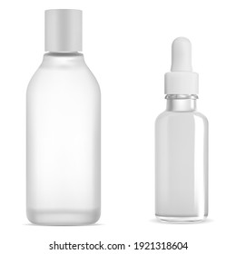 Cosmetic Dropper Bottle White Glass Mockup, Serum And Tonic Whater Product, Isolated On White Background. Vector Oil Drop Vial, Clear Tonic Flask. Micellar Water Container. Skin Collagen