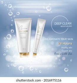 Cosmetic elegant set ads, sea blue package design on light luxury blue background with glittering bokeh and bubbles in 3d illustration