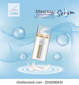 Cosmetic elegant set ads, sea blue package design on light luxury blue background with glittering bokeh and bubbles in 3d illustration