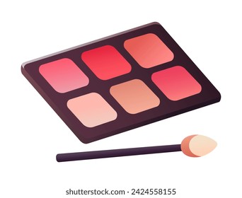 Elemento cosmético de conjunto colorido. Esta ilustración combina un diseño intrincado y un estilo animado de dibujos animados para ilustrar la aplicación de sombras de ojos en un lienzo de color pastel. Ilustración vectorial.