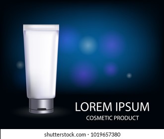 Cosmetic empty tube packaging with glossy plastic or metal silver cap  on transparent blue background. Vector package for cream. Blank container template for cosmetic product design.
