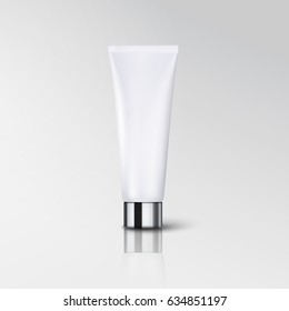 Cosmetic empty tube packaging with glossy plastic or metal silver cap isolated on grey background. Vector package for cream, gel. White blank container 