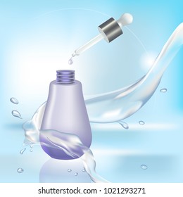 Cosmetic empty tube packaging with with a pipette in water splash on transparent blue background. Vector package for cream, gel, lotion, oil. Blank container template for cosmetic product design.
