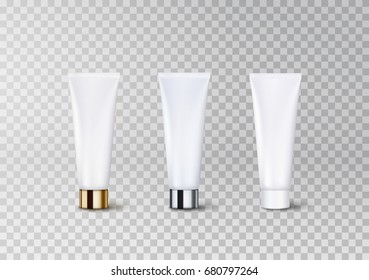 Cosmetic Empty Tube Packaging Set With Plastic, Glossy Metal Silver And Gold Cap Isolated On Transparent Background. Vector Package For Cream, Gel. White Blank Containers Pattern For Cosmetic Design.