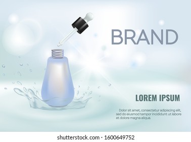 Cosmetic empty tube packaging  in water splash on transparent light blue background. Vector package for cream, gel, lotion, oil or shampoo. Blank container template for cosmetic product banner 