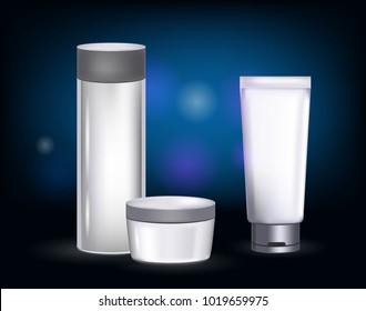 Cosmetic empty tubes packaging with glossy plastic or metal silver cap  on transparent blue background. Vector package for cream, gel, lotion. Blank container template for cosmetic product design.