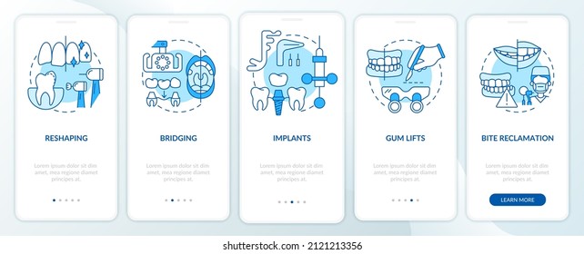 Cosmetic enhancement procedures blue onboarding mobile app screen. Walkthrough 5 steps graphic instructions pages with linear concepts. UI, UX, GUI template. Myriad Pro-Bold, Regular fonts used