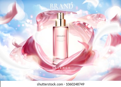 Cosmetic essence ads, exquisite container with smooth pink satin on lighting blue sky in 3d illustration