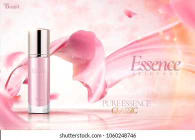 Cosmetic essence ads, pink container with flying satin and petals in 3d illustration