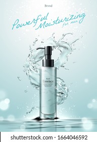Cosmetic essence ads with water splashes effect upon water surface bokeh background in 3d illustration