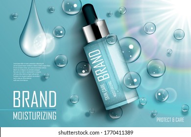 Cosmetic essence contained in a droplet bottle template for design Ads poster, presentation, banner. Serum essence for skin care with bubbles and waterdrop. 3d vector illustration.