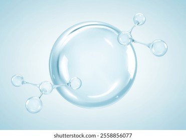 Cosmetic essence with molecules. Molecules and liquid bubble. Collagen skin serum. Hyaluronic acid. Skincare product. Concept skin care cosmetics solution