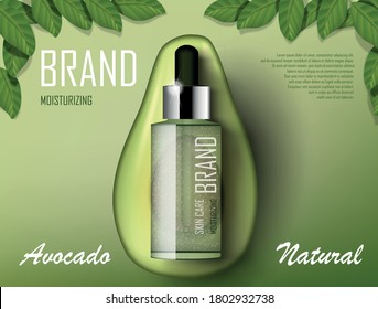 Cosmetic essence oil template ad. Realistic bottle product with green avocado and tree leaves. 3d vector illustration