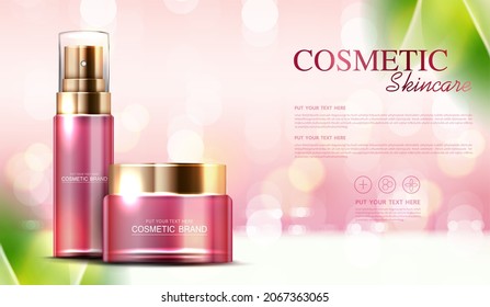 Cosmetic essence or skin care  product ads with bottle, banner ad for beauty products and leaf background glittering light effect. vector design.